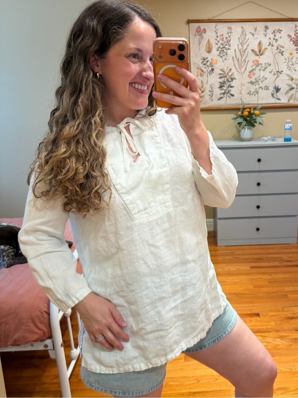 Vintage Hot Cotton Cream White Pure Linen Peasant Tunic with Tie Neck Medium